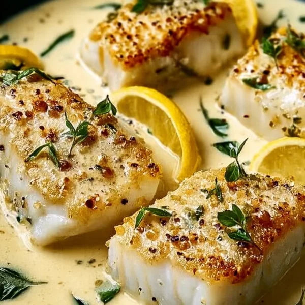 Baked cod fillets topped with coconut lemon cream sauce served with vegetables