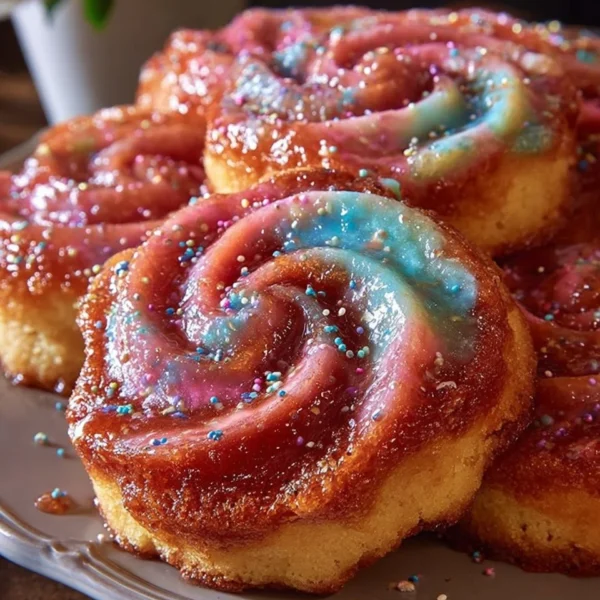 Baked sticky rhubarb pudding served in a dish, showcasing its sweet-tart texture.