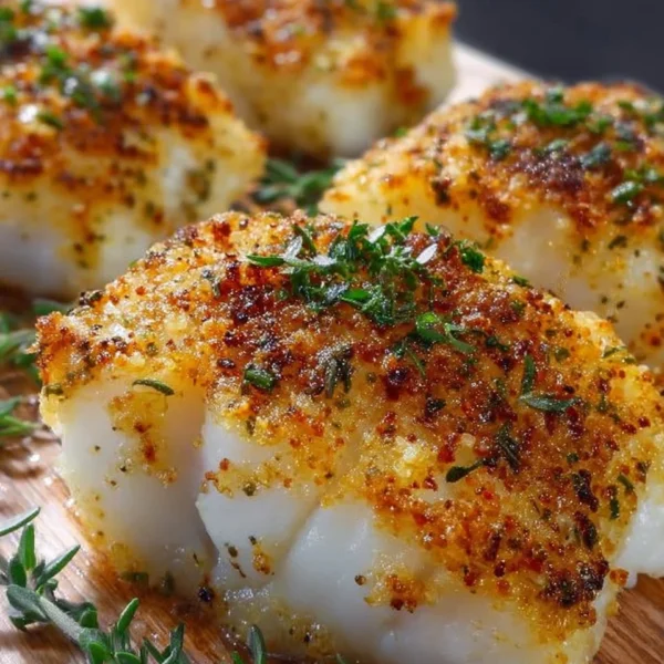 Delicious Boston baked cod served with fresh herbs and lemon