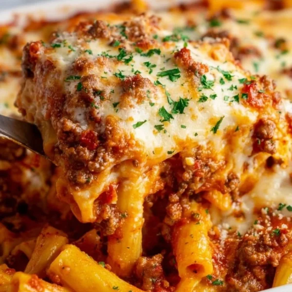 Serving of easy baked ziti with cheese and marinara sauce.