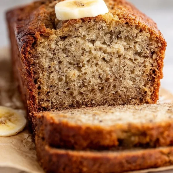 Loaf of easy moist banana bread with slices on a wooden kitchen table
