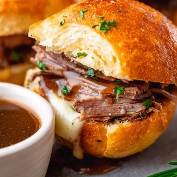 Delicious French Dip Sliders with beef, cheese, and au jus for dipping