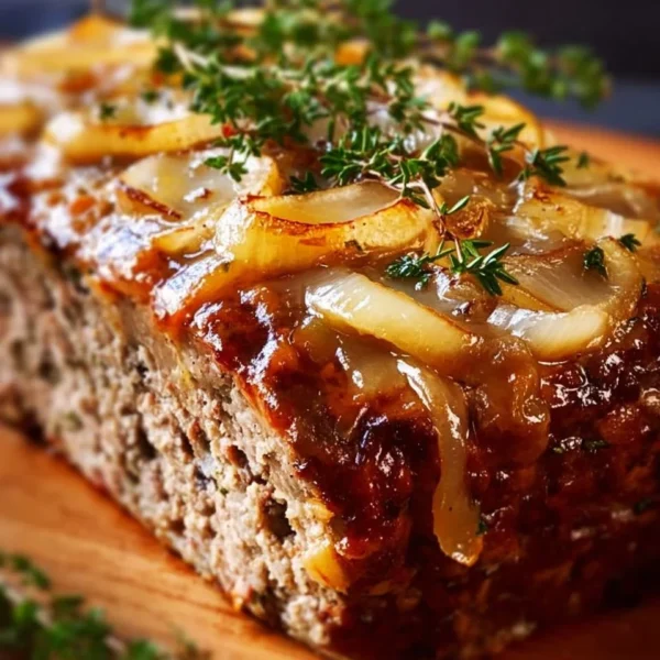 Delicious French Onion Meatloaf served with caramelized onions and melted cheese.