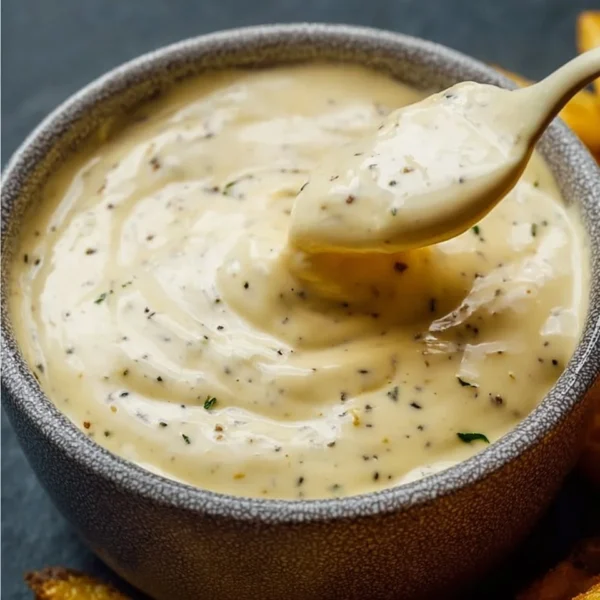 Bowl of homemade aioli with garlic and herbs for dipping.