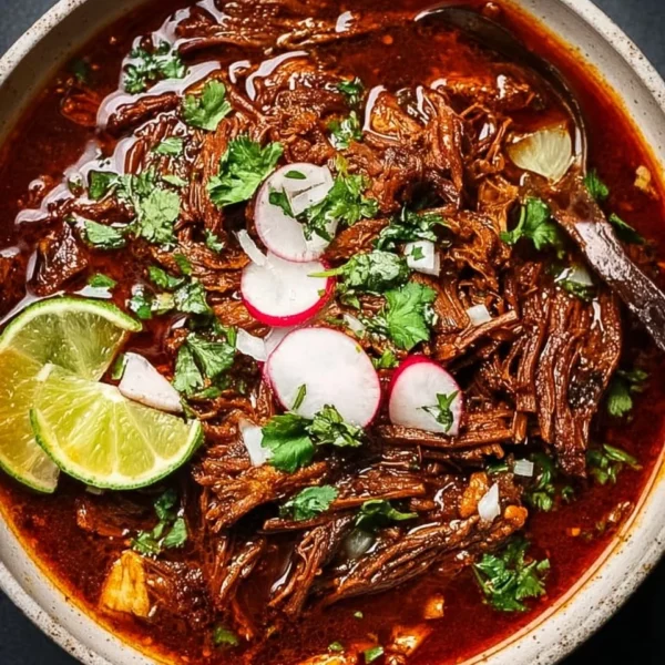 Delicious Mexican beef birria served with traditional toppings