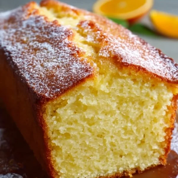 Freshly baked Orange Loaf Cake with a citrus glaze on a wooden table