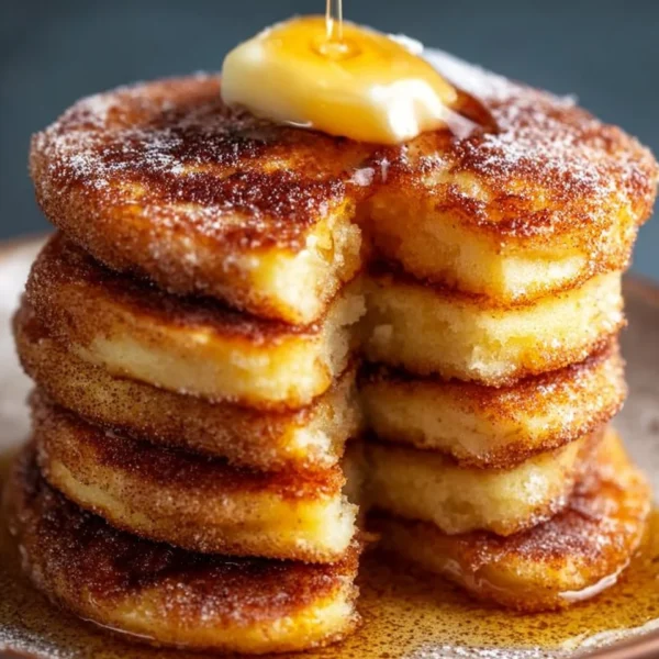 Delicious churro pancakes drizzled with chocolate sauce and sprinkled with cinnamon sugar