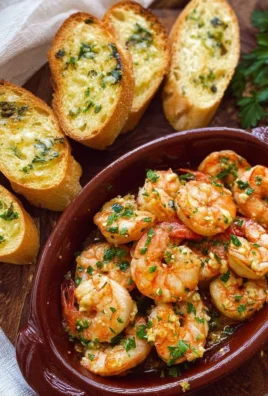 Delicious Spanish garlic shrimp served with golden garlic toast on a plate.