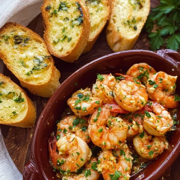 Delicious Spanish garlic shrimp served with golden garlic toast on a plate.