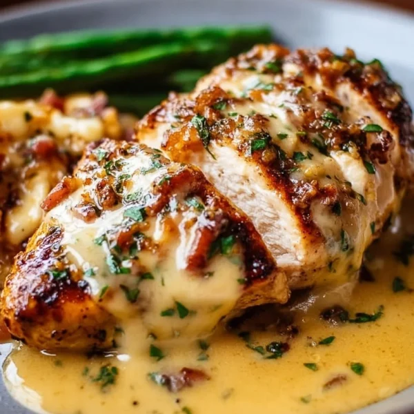 Delicious Texas Roadhouse smothered chicken with jack cheese served on a plate