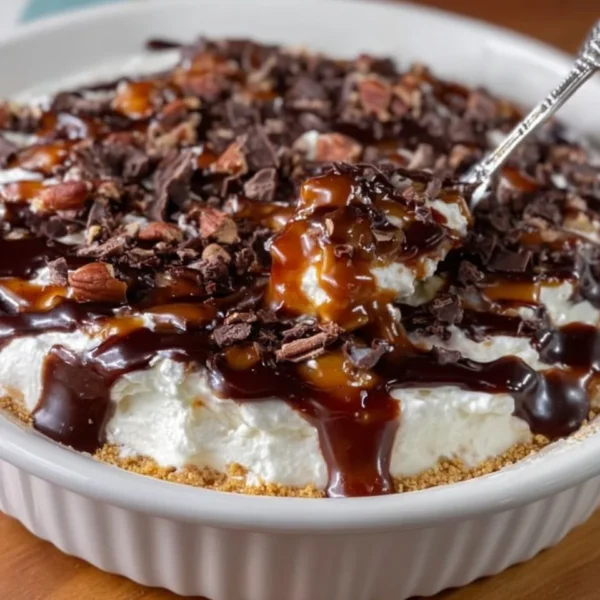 Delicious Turtle Cheesecake Dip with chocolate and caramel toppings