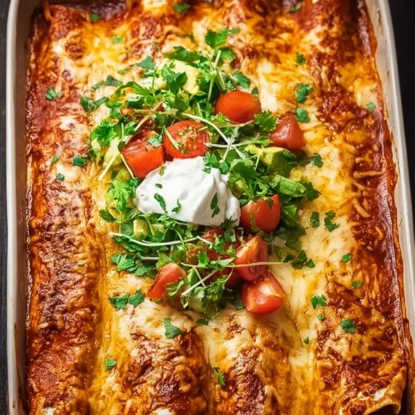 Ultimate quick and easy chicken enchiladas topped with cheese and salsa.