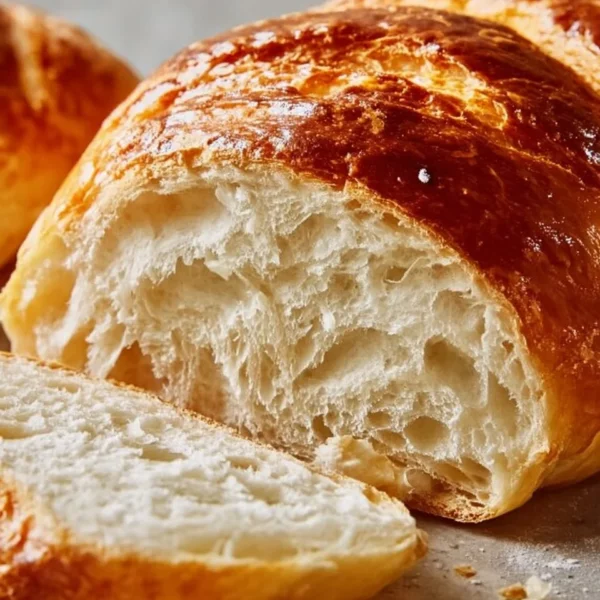 Freshly baked 20-minute homemade bread on a wooden cutting board.
