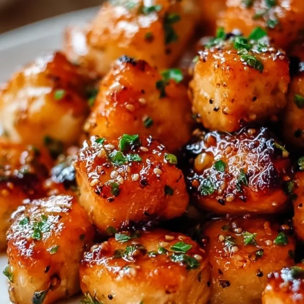Delicious air fryer honey garlic salmon bites served on a plate.