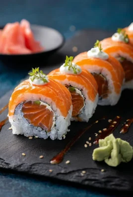 Homemade Alaska Roll sushi with salmon and avocado on a plate