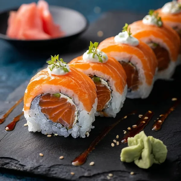 Homemade Alaska Roll sushi with salmon and avocado on a plate