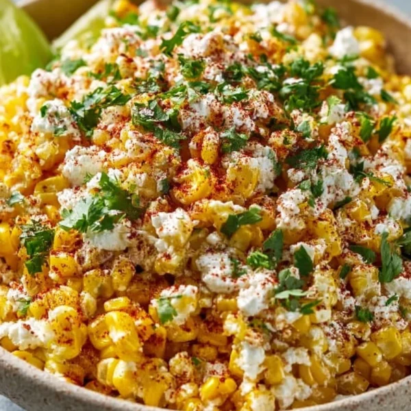 Bowl of Amazing Mexican Street Corn Salad topped with fresh ingredients