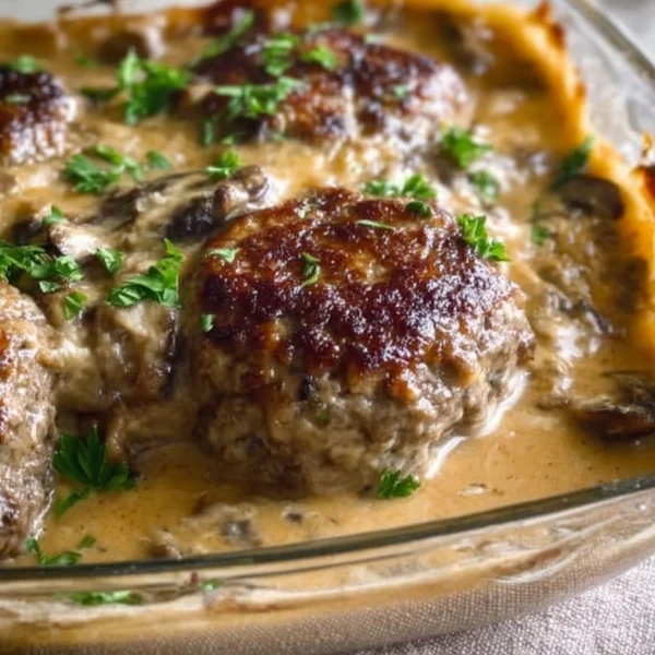 Amish Hamburger Steak Bake recipe with hamburger steak and delicious toppings