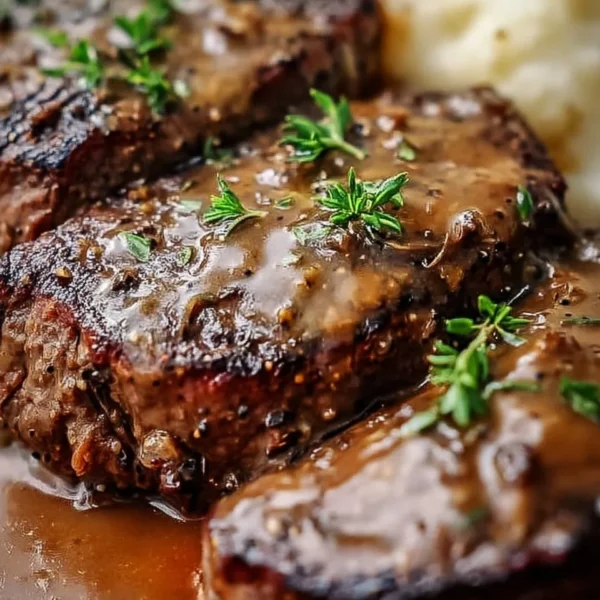 Amish Poor Man's Steak served with sides on a rustic plate.