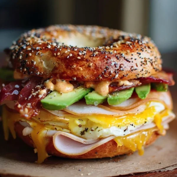 Delicious Bagel Breakfast Sandwich with eggs, cheese, and fresh ingredients.