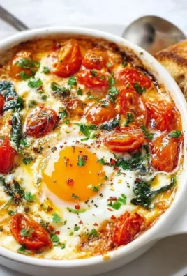 Baked feta eggs with tomatoes and spinach served on a plate.