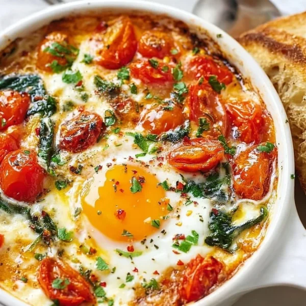Baked feta eggs with tomatoes and spinach served on a plate.