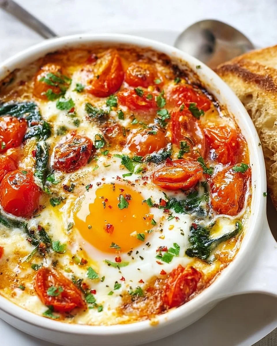 Baked Feta Eggs with Tomatoes and Spinach