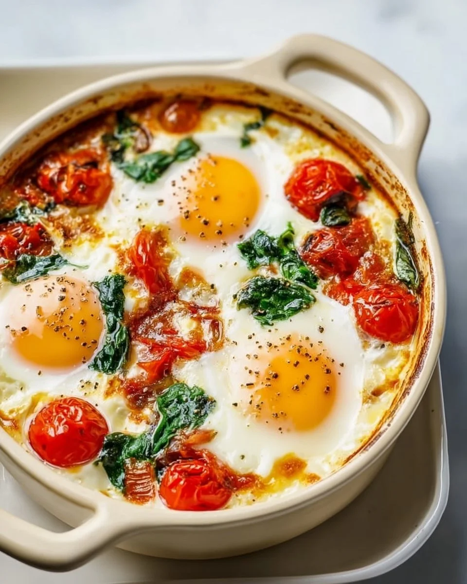 Baked Feta Eggs with Tomatoes and Spinach