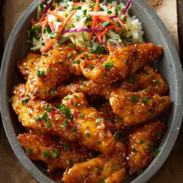 Delicious Bang Bang Chicken served with spicy sauce and garnishes