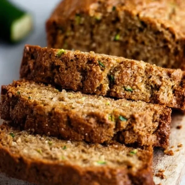 Loaf of homemade best zucchini bread with slices on a wooden table