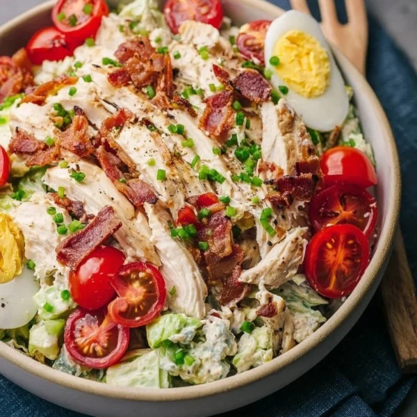 Delicious BLT Chicken Salad with bacon, lettuce, and tomatoes