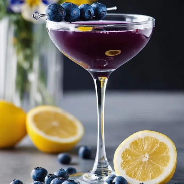 Blueberry Limoncello Martini cocktail garnished with fresh blueberries and lemon slices.