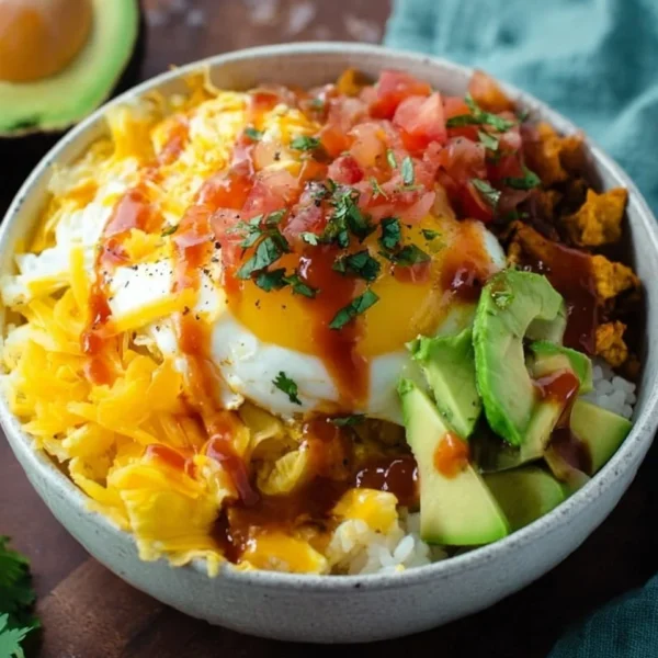 Delicious breakfast burrito bowl filled with eggs, veggies, and salsa