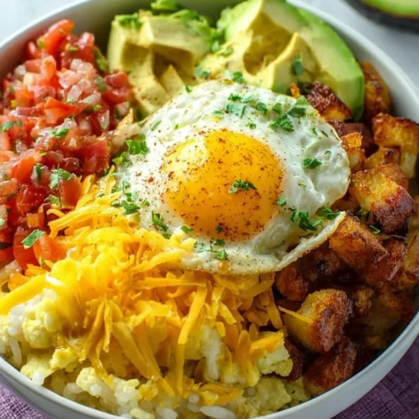 A colorful breakfast burrito bowl filled with eggs, salsa, beans, and avocado.