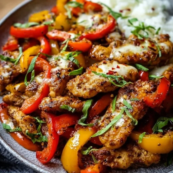 Plate of Cajun Chicken with Bell Peppers garnished with fresh herbs