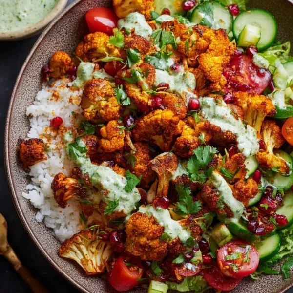 Delicious cauliflower shawarma bowl garnished with fresh vegetables and sauce