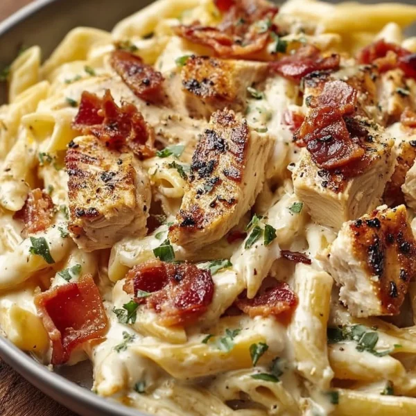 Creamy Chicken Bacon Ranch Pasta topped with crispy bacon and herbs