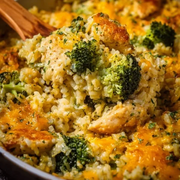 Delicious Chicken Broccoli Rice Casserole served in a dish