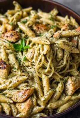 Delicious Chicken Pesto Pasta garnished with fresh basil and cherry tomatoes.