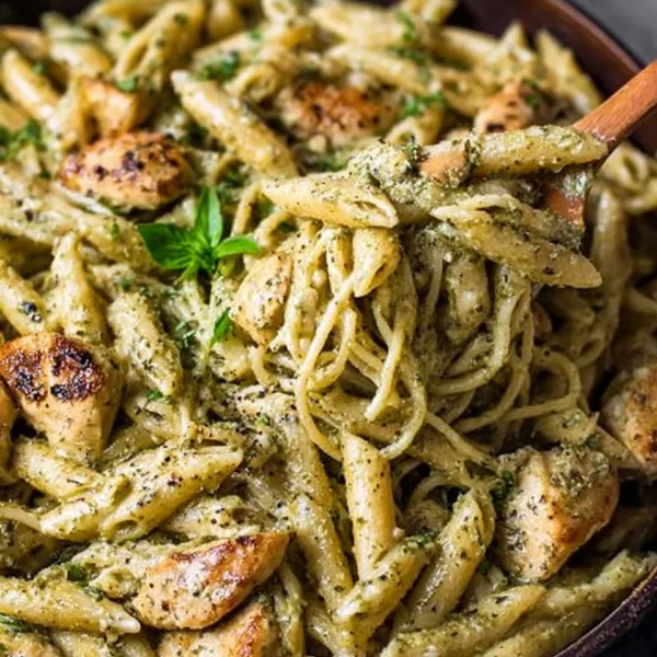Delicious Chicken Pesto Pasta garnished with fresh basil and cherry tomatoes.