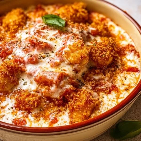 Cottage Cheese Chicken Parmesan Bowl with fresh herbs and cheese