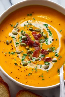 Bowl of creamy carrot soup garnished with herbs and croutons.