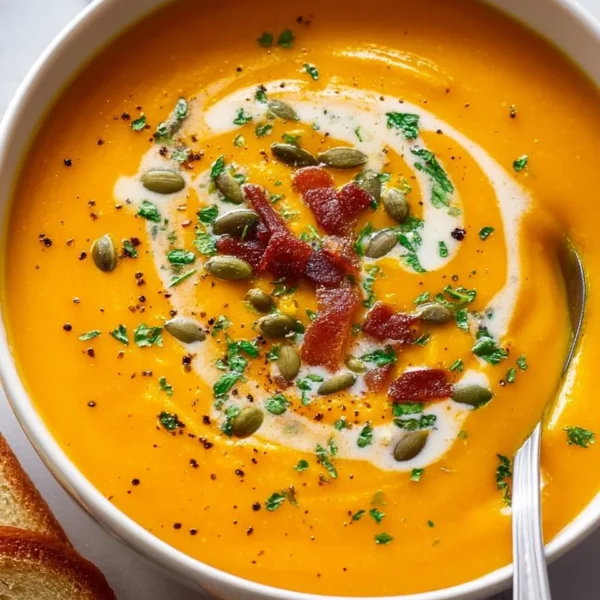 Bowl of creamy carrot soup garnished with herbs and croutons.