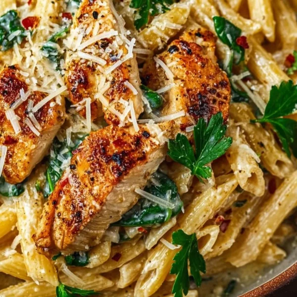 Creamy garlic parmesan chicken pasta served in a bowl