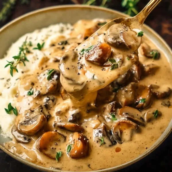 Creamy mushroom sauce served over pasta with herbs