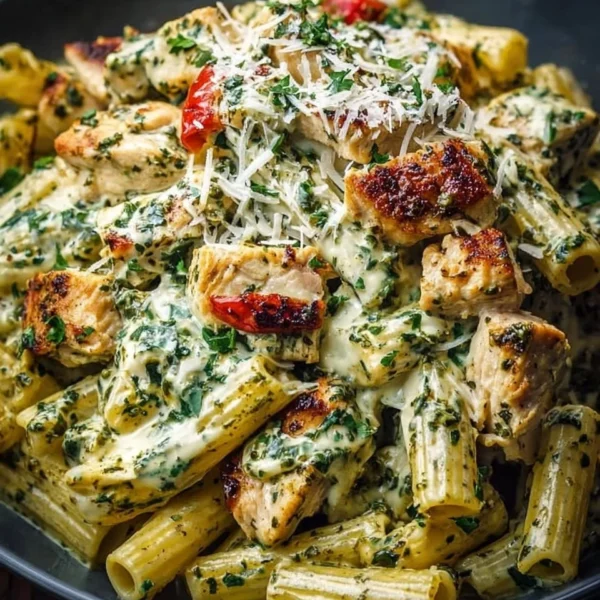 Creamy pesto chicken pasta dish garnished with fresh basil and parmesan cheese