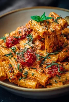 Plate of creamy tomato garlic pasta topped with fresh herbs and grated cheese.