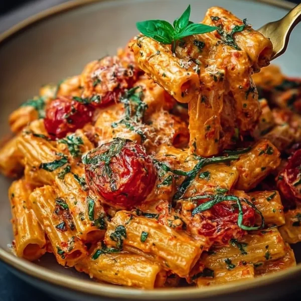 Plate of creamy tomato garlic pasta topped with fresh herbs and grated cheese.