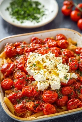 Easy baked feta pasta dish with tomatoes and herbs baked to perfection