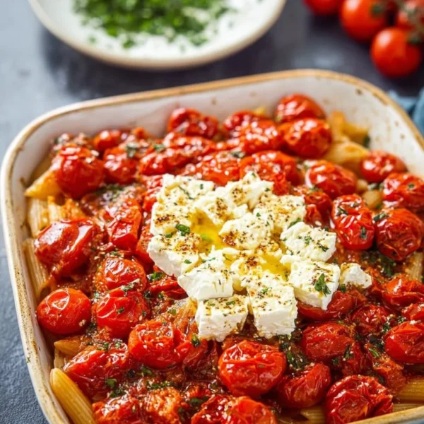 Easy baked feta pasta dish with tomatoes and herbs baked to perfection
